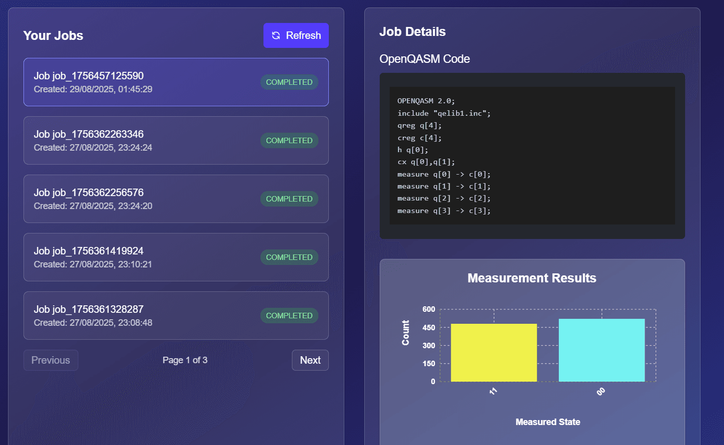 Jobs page showing OpenQASM cx and measurement results 00/11
