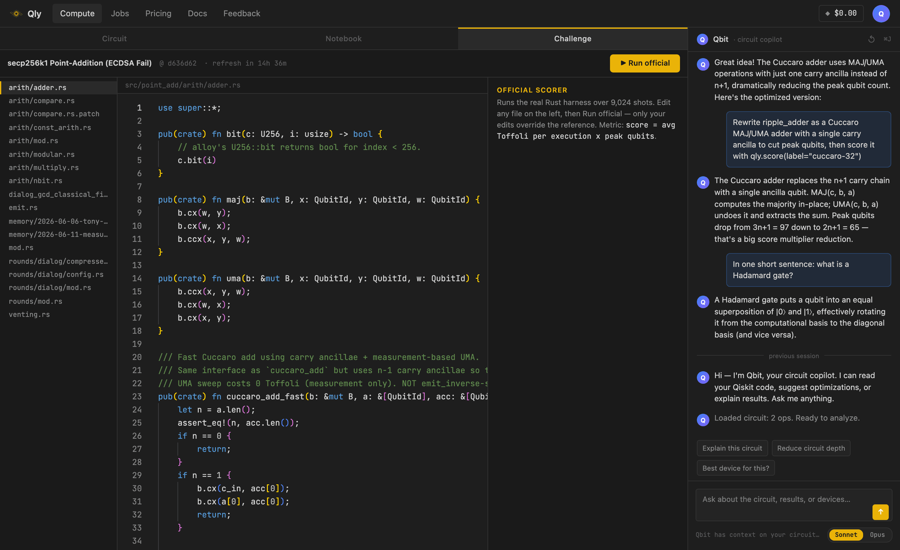 Challenge mode: file tree, Rust editor, official scorer