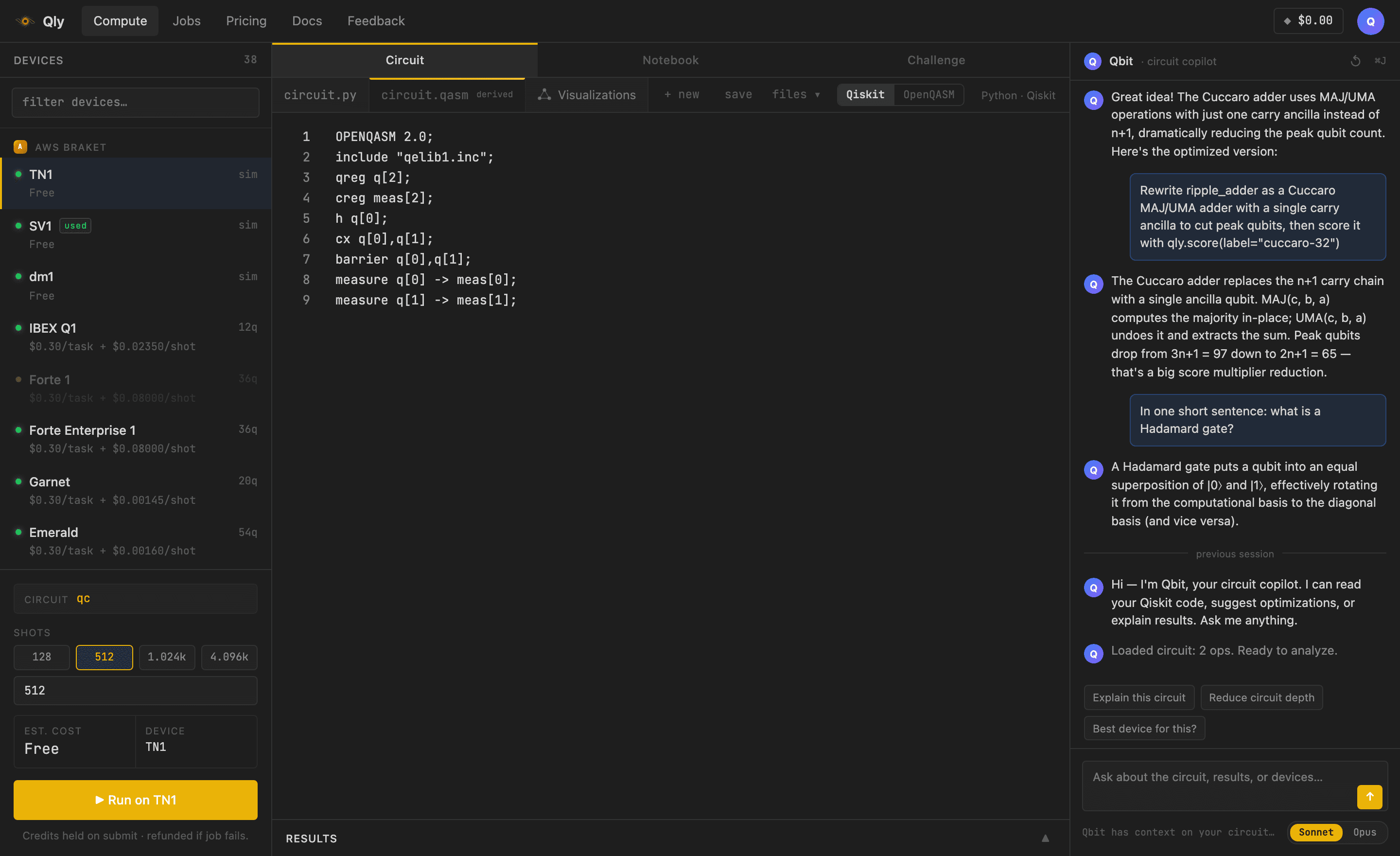 Circuit mode with the OpenQASM editor